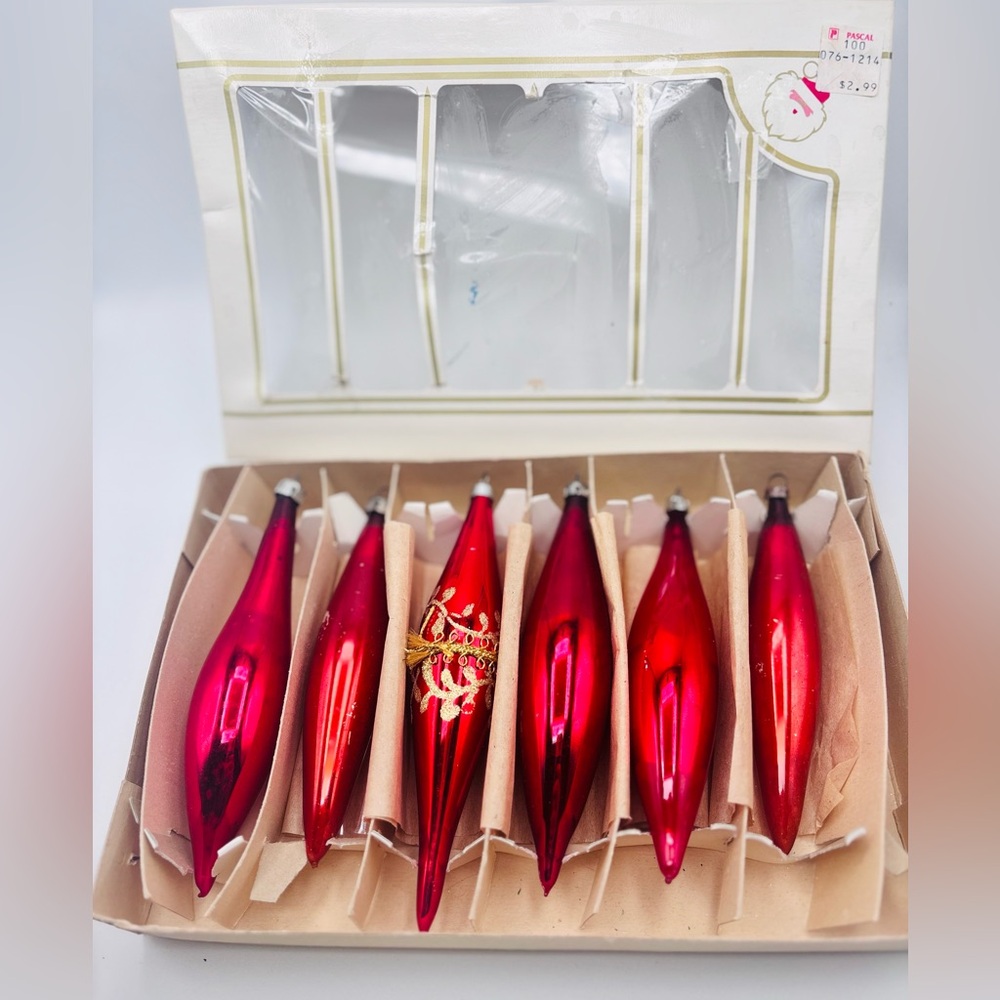 Vintage Red Glass Icicle Ornaments Set of 6